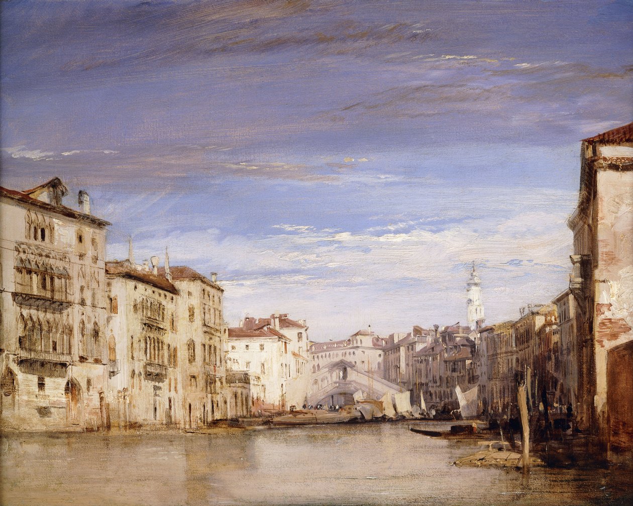 En utsikt over Canal Grande Venezia, fra Palazzo Bernardo med utsikt mot Rialtobroen, av Richard Parkes Bonington