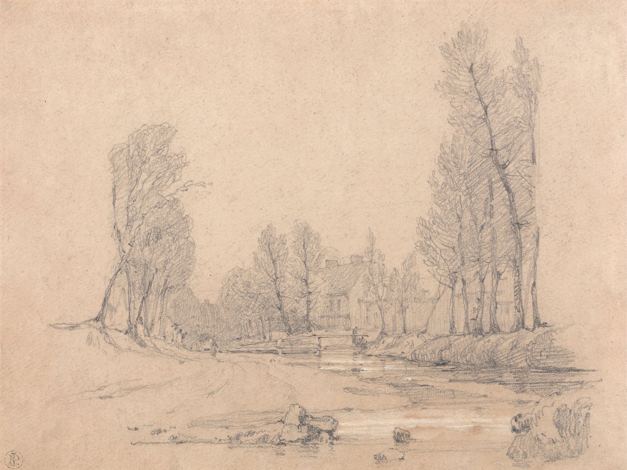 En skogkledd bekk og et gårdshus i Normandie av Richard Parkes Bonington