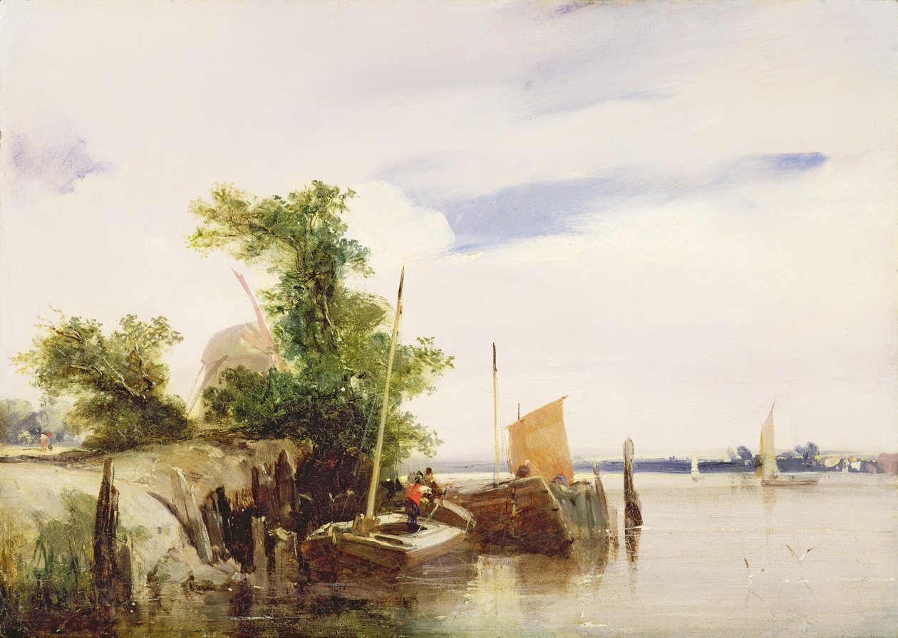 Lektere på en elv, ca. 1825-26 (olje på kvernbrett) (signert) av Richard Parkes Bonington