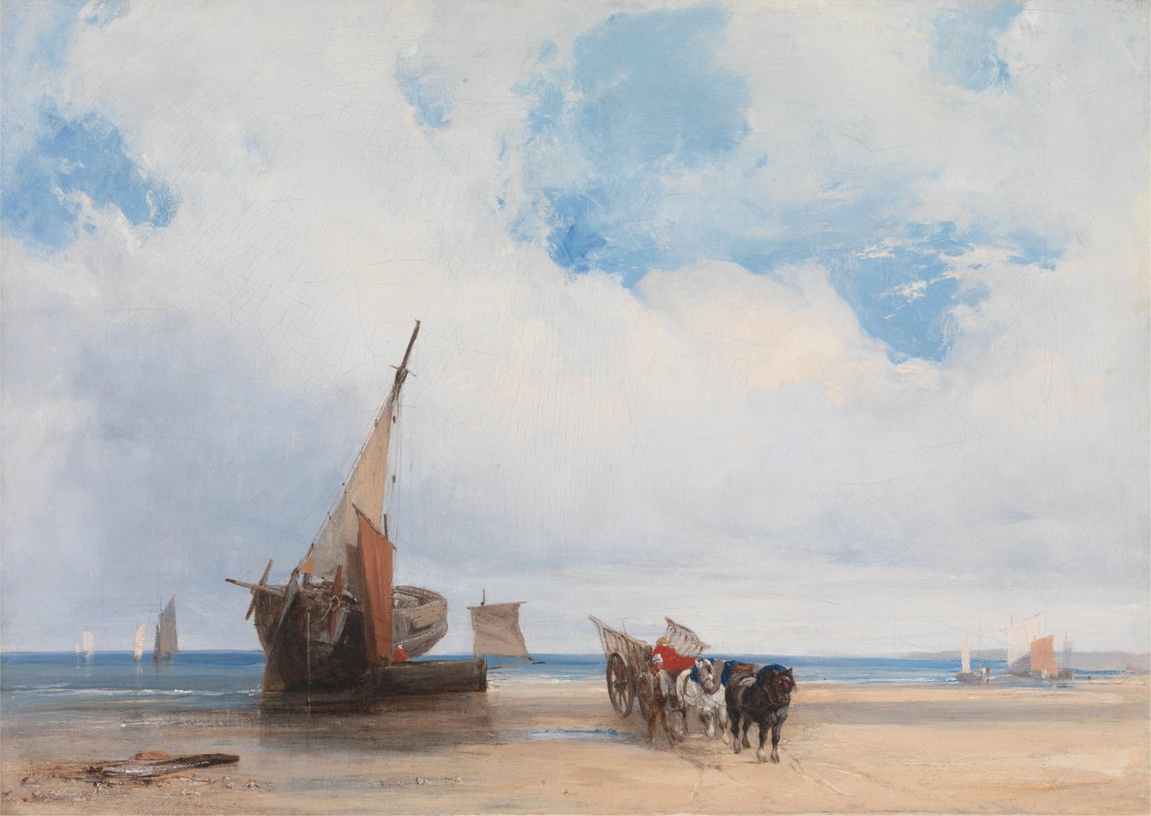 Strandede fartøy og en vogn nær Trouville av Richard Parkes Bonington