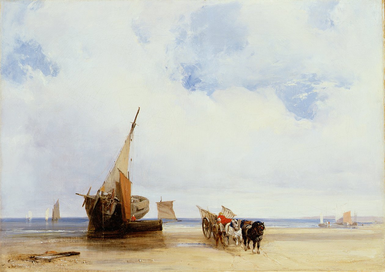 Strandede fartøy og en vogn nær Trouville, ca. 1825 (olje på lerret) av Richard Parkes Bonington