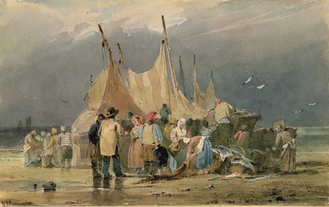 Fisherfolk on a Beach, a Storm Approaching (watercolour) av Richard Parkes Bonington