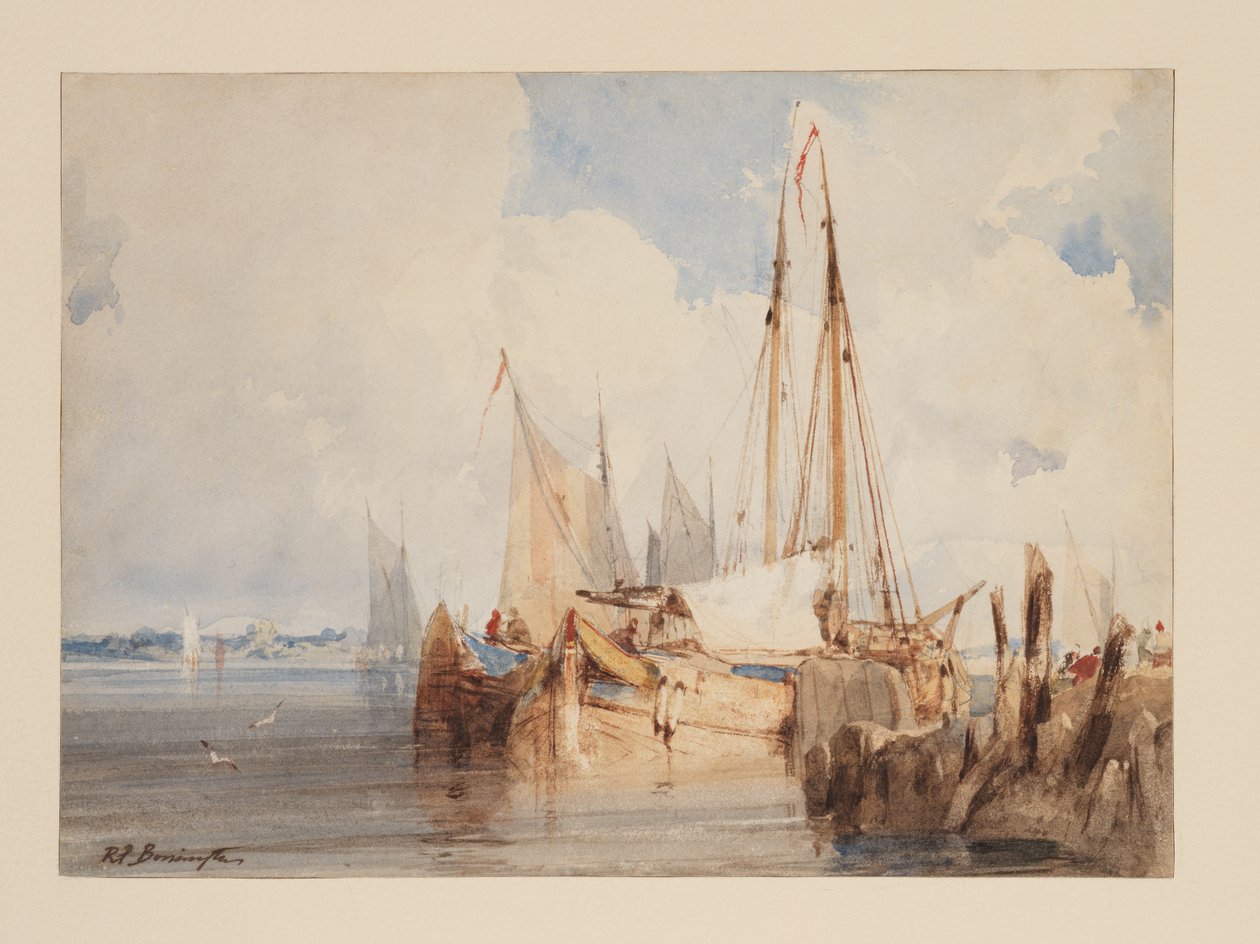 Fiskebåter fortøyd i en elvemunning, ca. 1825 (akvarell på papir) av Richard Parkes Bonington