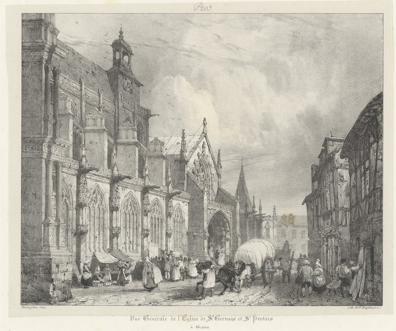 Generell oversikt over kirken St Gervais og St Protais fra 'Voyages Pittoresques et Romantiques dans l'Ancienne France: Normandie', 1824 (litografi) av Richard Parkes Bonington
