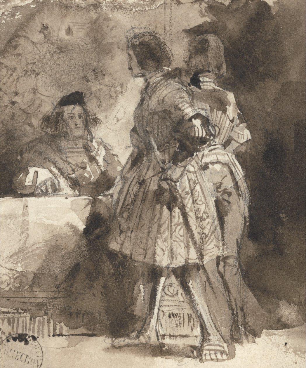 Goetz von Berlichingen før den keiserlige sorenskriveren, ca. 1826 (brun vask og blekk over grafitt på papir) av Richard Parkes Bonington