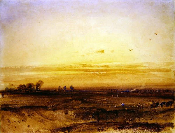 Landskap med innhøstingsmaskiner ved solnedgang av Richard Parkes Bonington