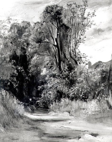 Lane gjennom et tre (panel) av Richard Parkes Bonington