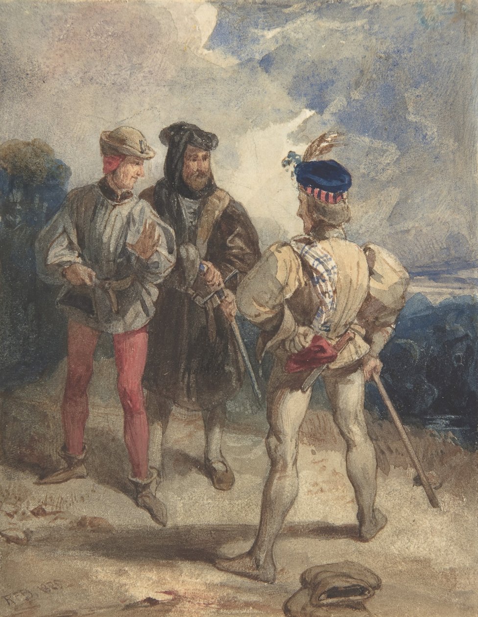Quentin Durward and the Disguised Louis XI recto, Studie av mannlig figur verso, 1825 eller 1826. av Richard Parkes Bonington