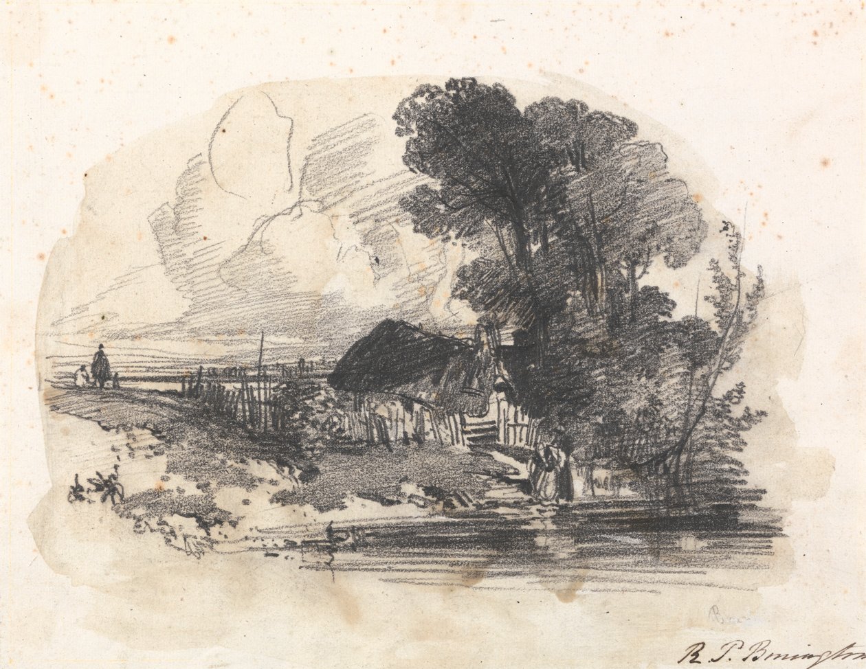 Trær og en hytte ved en elv av Richard Parkes Bonington