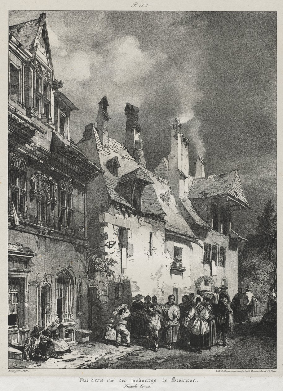 Pittoreske og romantiske reiser i det gamle Frankrike, Franche-Comté: Utsikt over en gate i forstedene til Besançon av Richard Parkes Bonington
