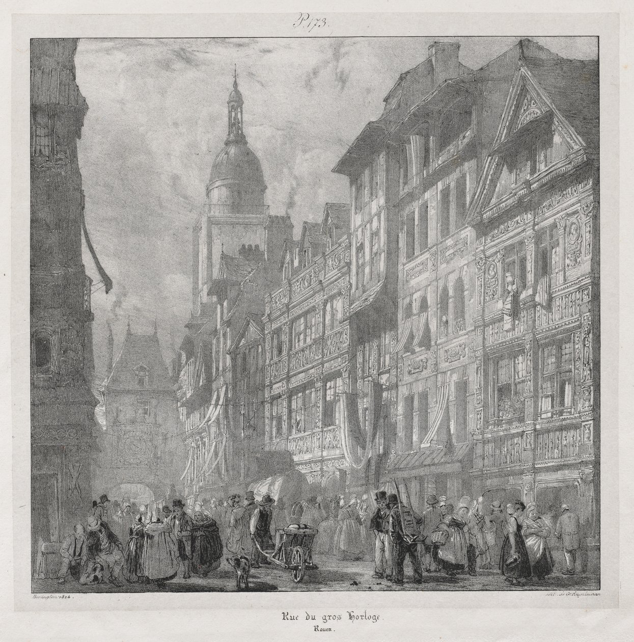 Pittoreske og romantiske reiser i det gamle Frankrike, Normandie: Rue du Gros Horloge, Rouen av Richard Parkes Bonington