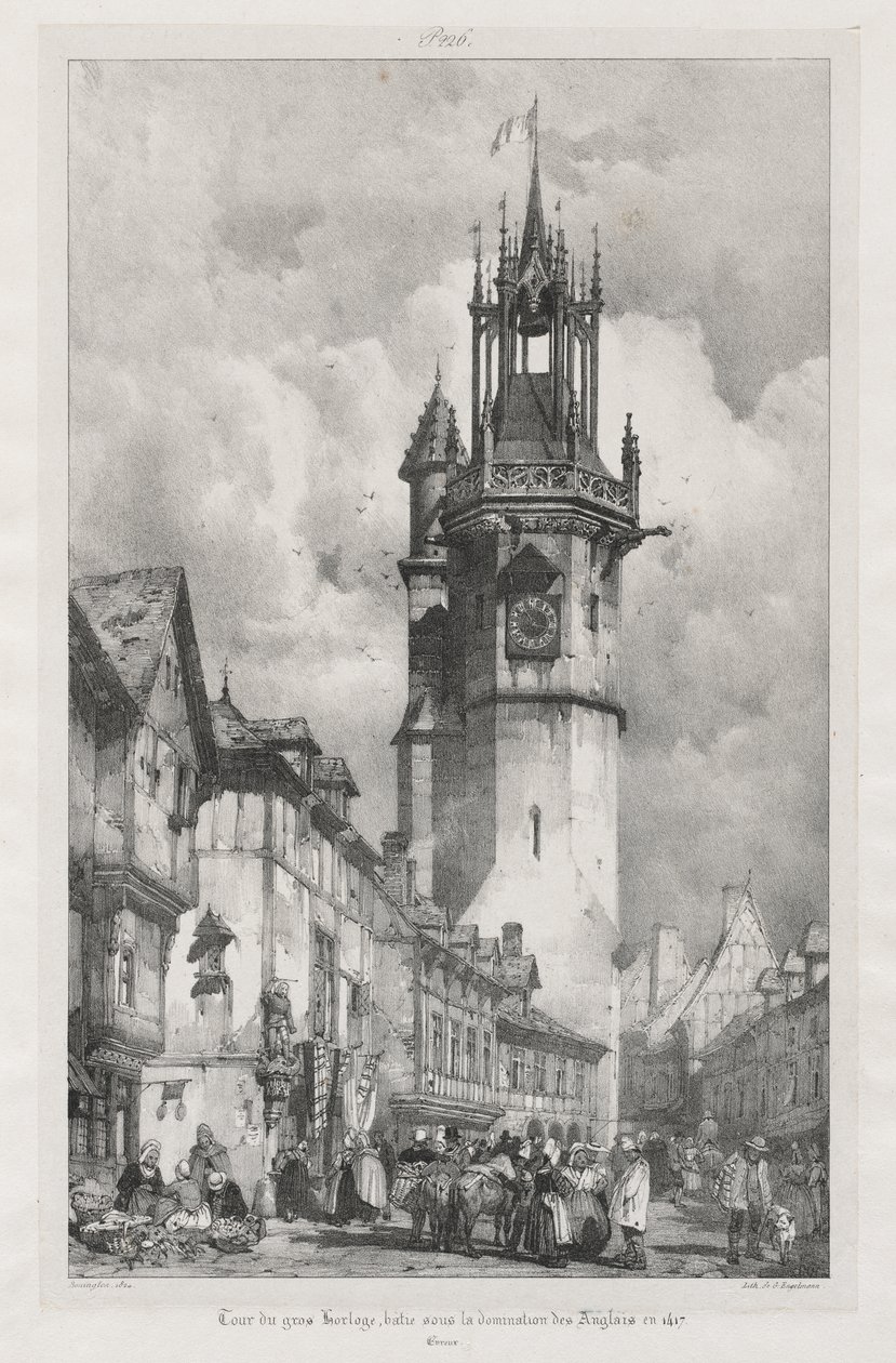 Pittoreske og romantiske reiser i det gamle Frankrike, Normandie: Tour du Gros-Horloge, Evreux av Richard Parkes Bonington