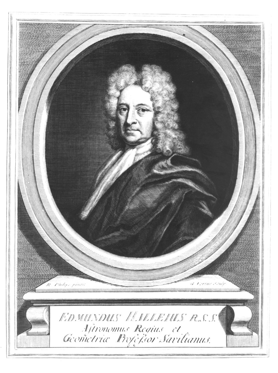 Portrett av Edmond Halley (1656-1742), gravert av George Vertue (1684-1756) (bw-foto) av Richard Philips