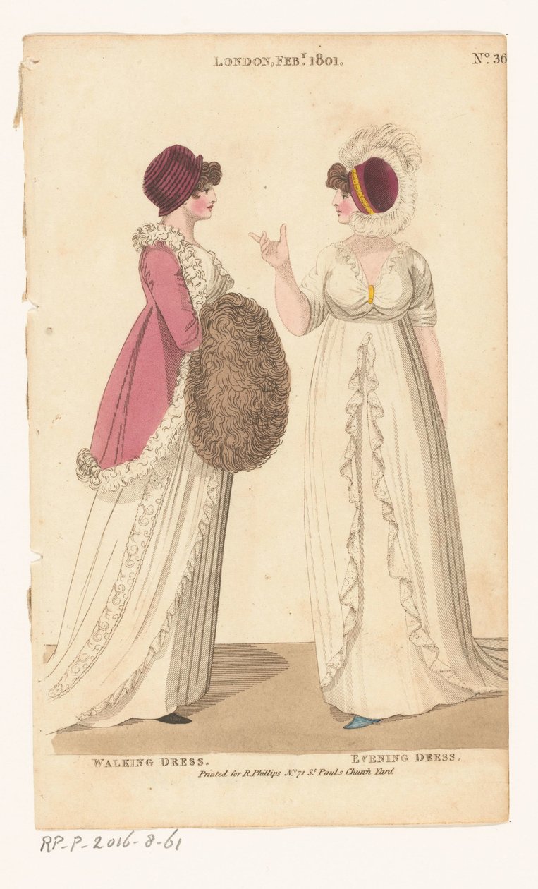 Magazine of Female Fashions of London og Paris. nr. 36. London feb. 1801: Gåkjole; Kjole av Richard Phillips