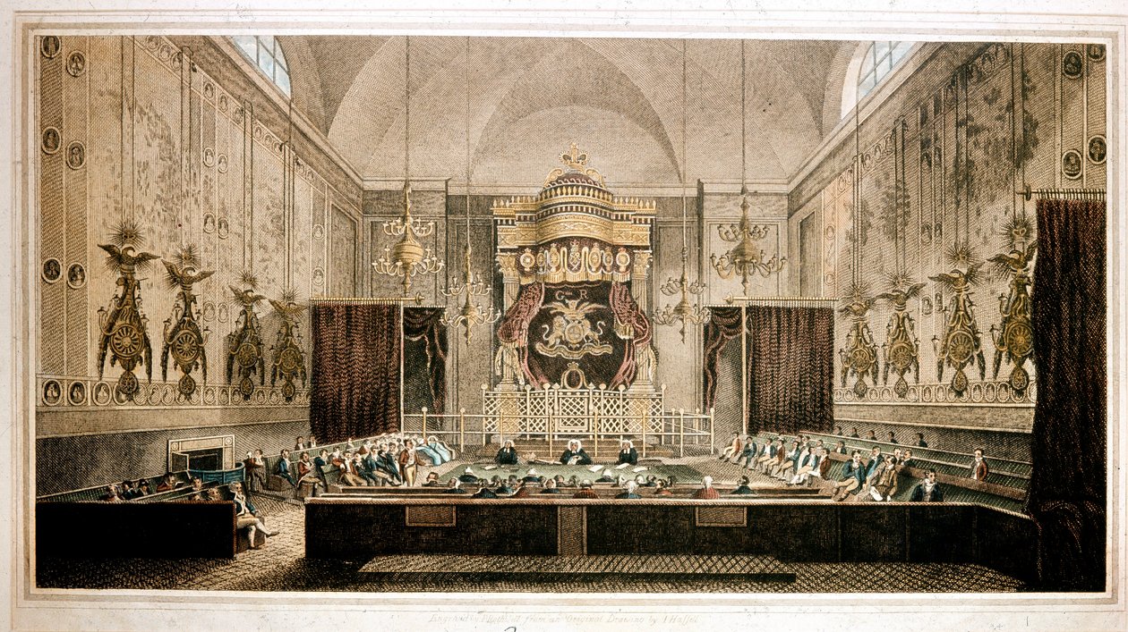 Utsikt over House of Lords, overhuset til parlamentet i Storbritannia. Gravering av Rothwell. Parker Gallery fra 1800-tallet, London av Richard Rothwell
