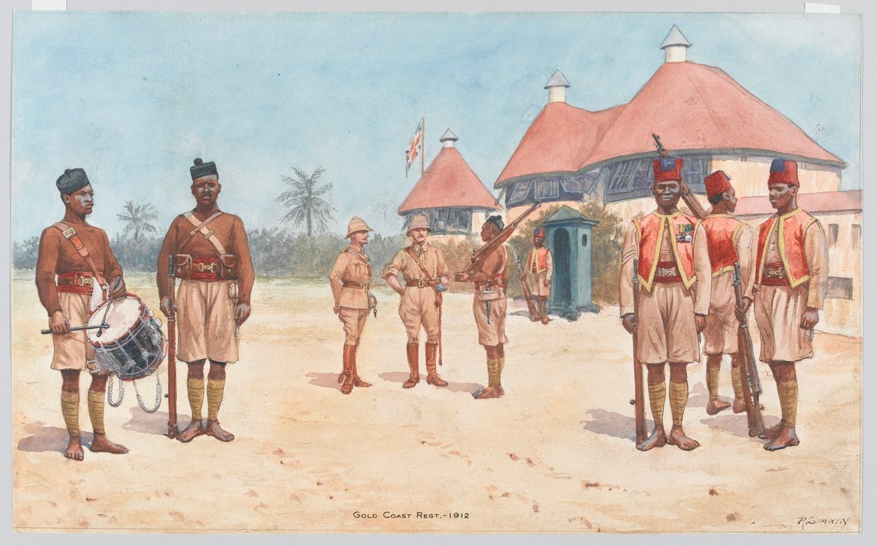 Soldater fra Gold Coast Regiment utenfor regimentets hovedkvarter i Kumasi av Richard Simkin