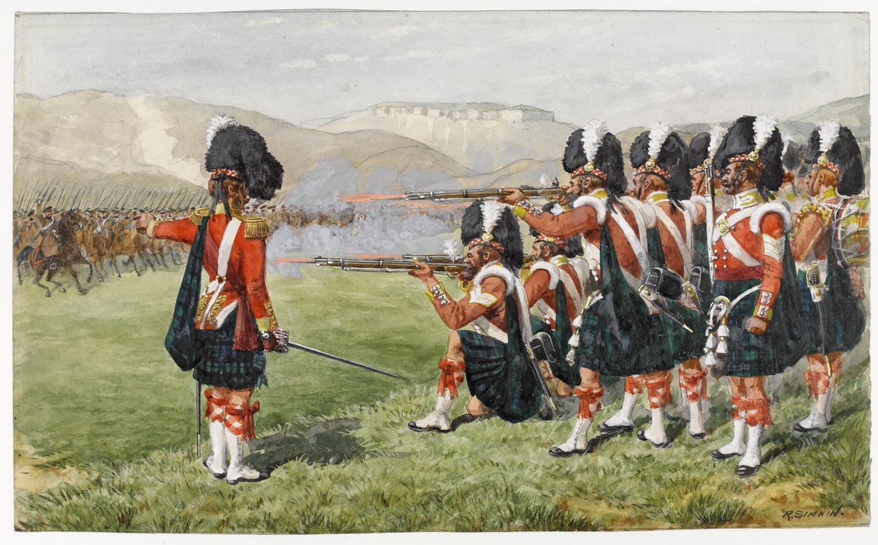 The 93rd Sutherland Highlanders i slaget ved Balaclava 25. oktober 1854: The Thin Red Line, 1854 (wc på papir) av Richard Simkin