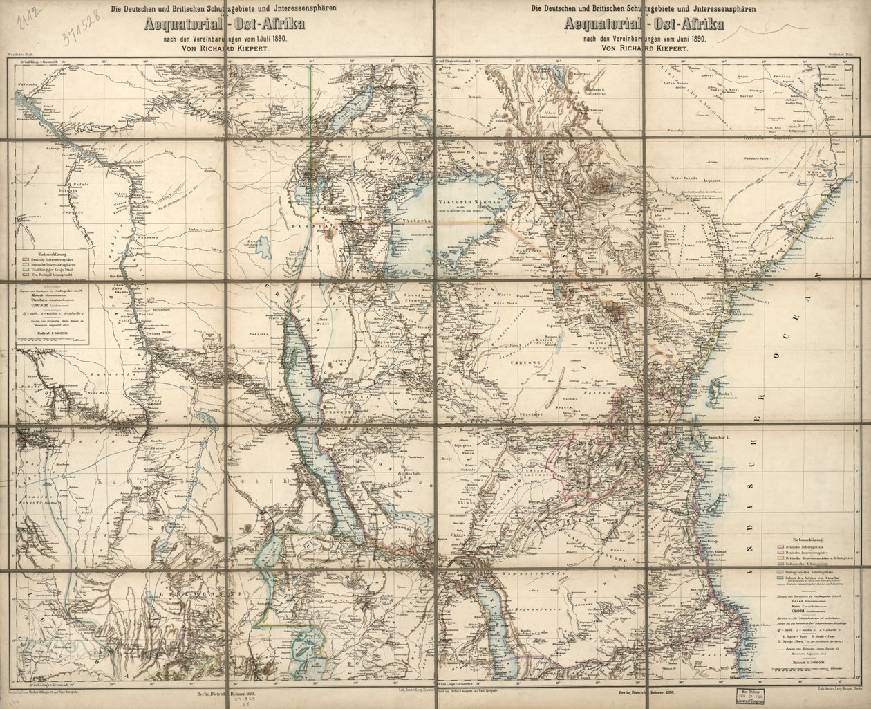 De tyske og britiske protektorater og interessesfærer i Ekvatorial Øst-Afrika: under avtalene fra juni 1890 av Richard; Sprigade Kiepert