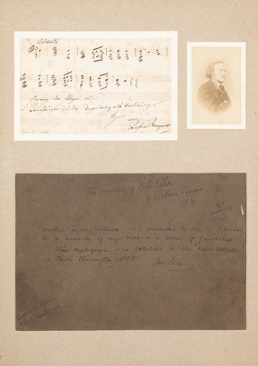 Autograf musikalsk sitat montert med carte-de-visite fotografi av Wagner og en herkomstnotat av Richard Wagner