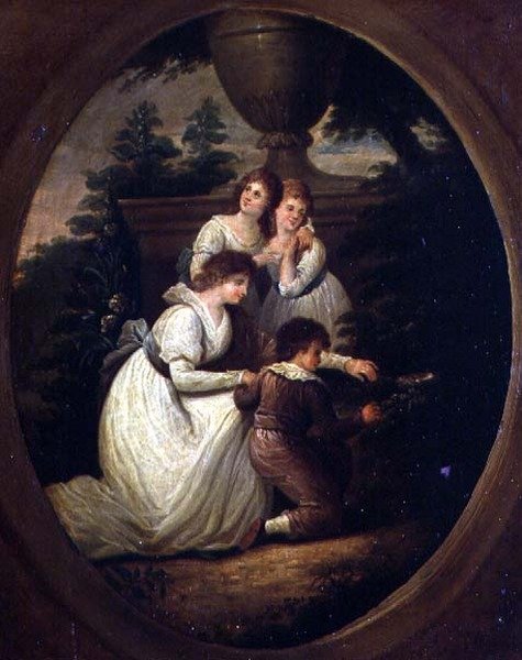 Familiegruppe i en hage, ca. 1790 (olje på kobber) av Richard Westall