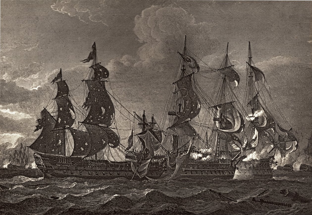 HMS-kaptein ombord på San Nicholas og San Josef, illustrasjon fra 