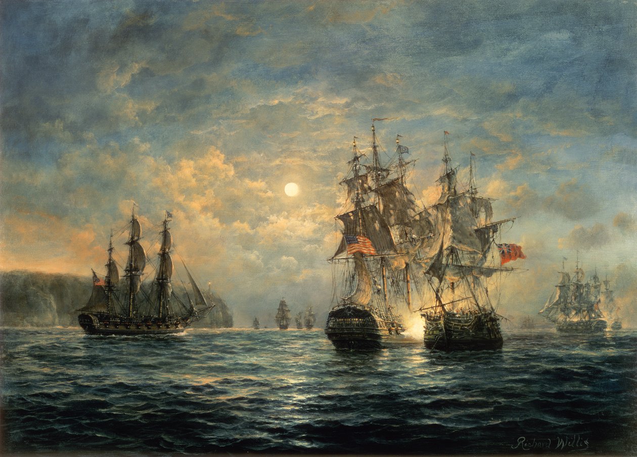 Engasjement mellom Bonhomme Richard og Serapis utenfor Flamborough Head, 1779 av Richard Willis