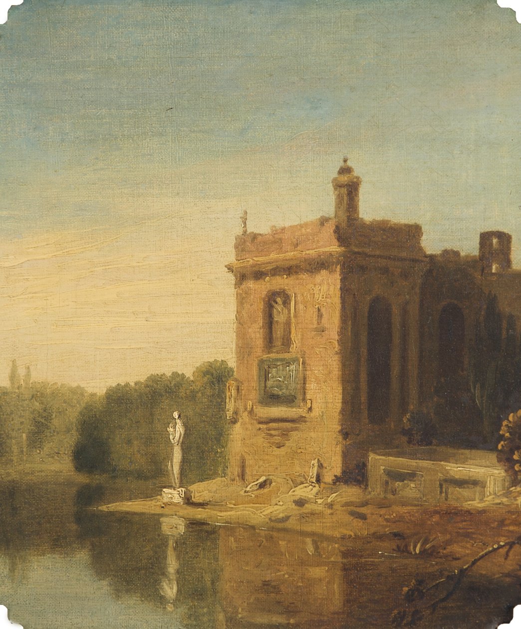 En innsjø med en paviljong og en statue, Italia (olje på lerret) av Richard Wilson