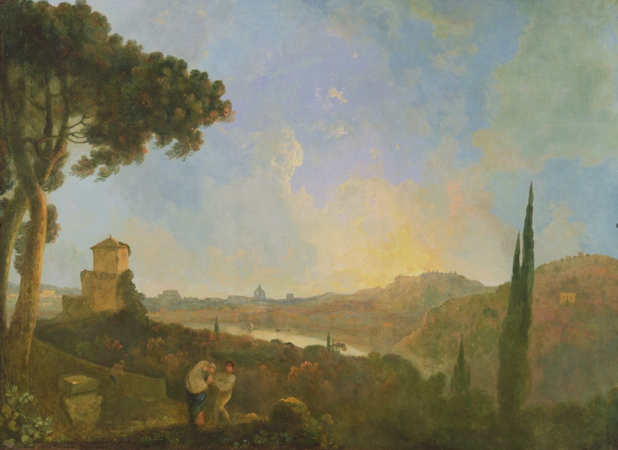 En utsikt over Tiberen med Roma i det fjerne, ca. 1770-80 (olje på lerret) av Richard Wilson