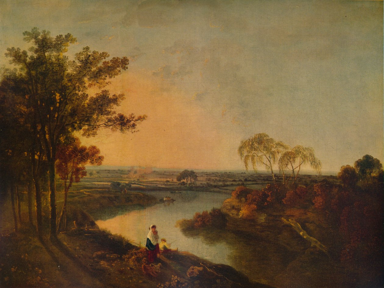En engelsk elv ved solnedgang, i det fjerne de walisiske åsene, c1760, 1938 av Richard Wilson