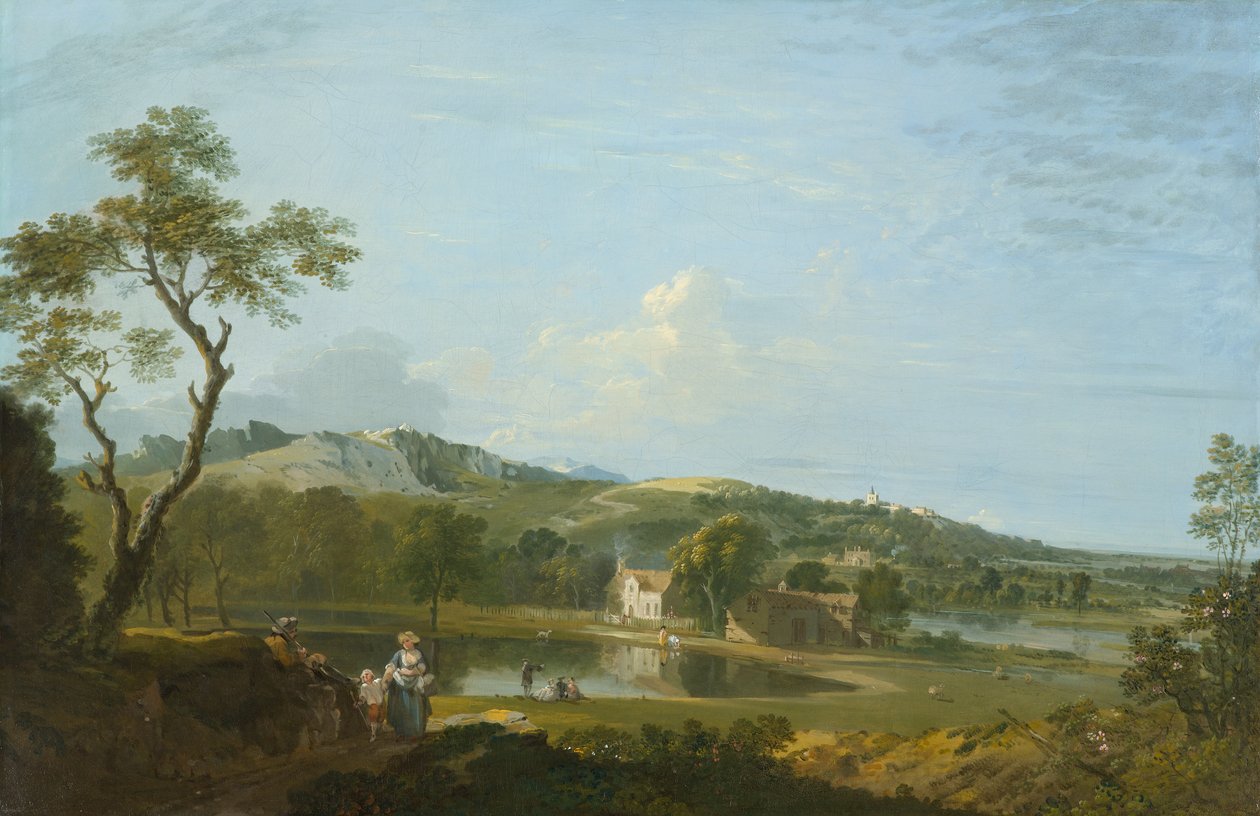 Et omfattende landskap med hytter nær en innsjø, ca 1744-1745 (olje på lerret) av Richard Wilson