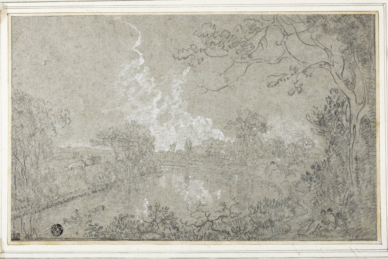 Banks of the River Dee nær Eaton Hall, Cheshire, ca. 1759 (svart og hvitt kritt på blått papir, lagt ned på kort) av Richard Wilson