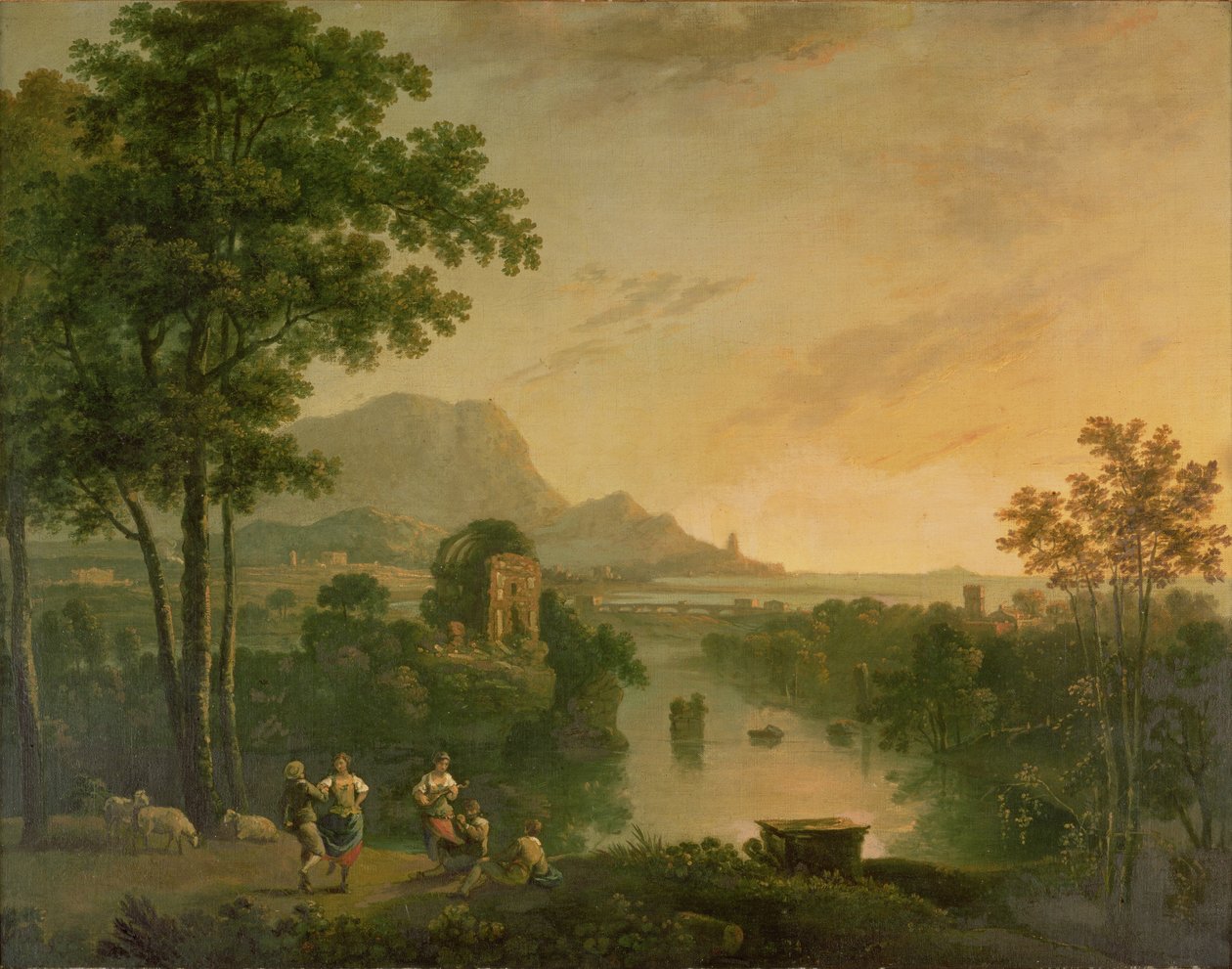 Kystlandskap om kvelden med gjetere og gjeterinner som danser av Richard Wilson