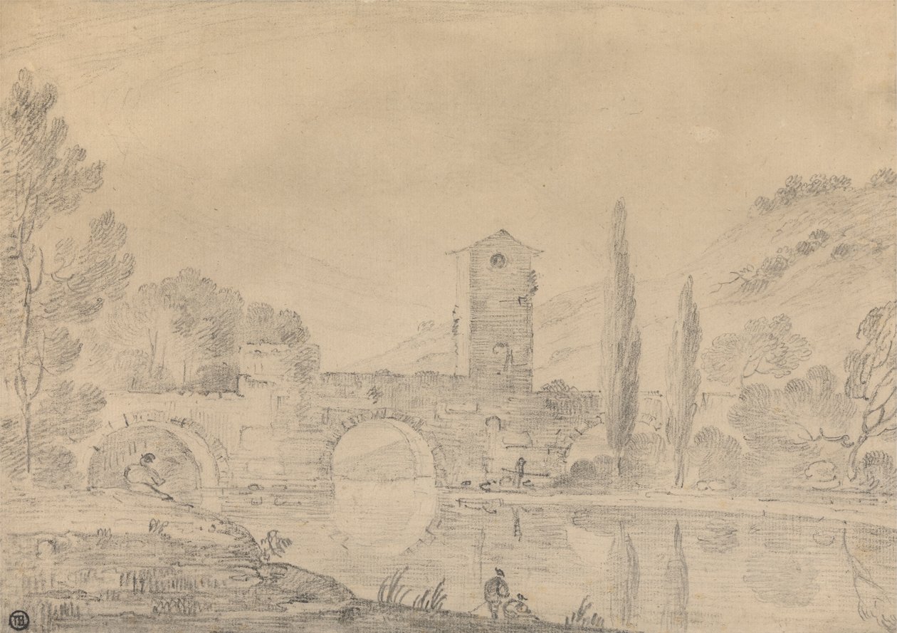 Italiensk landskap med trebuet bro, brohus, figurer på nær bredden og poppel på den andre bredden av Richard Wilson