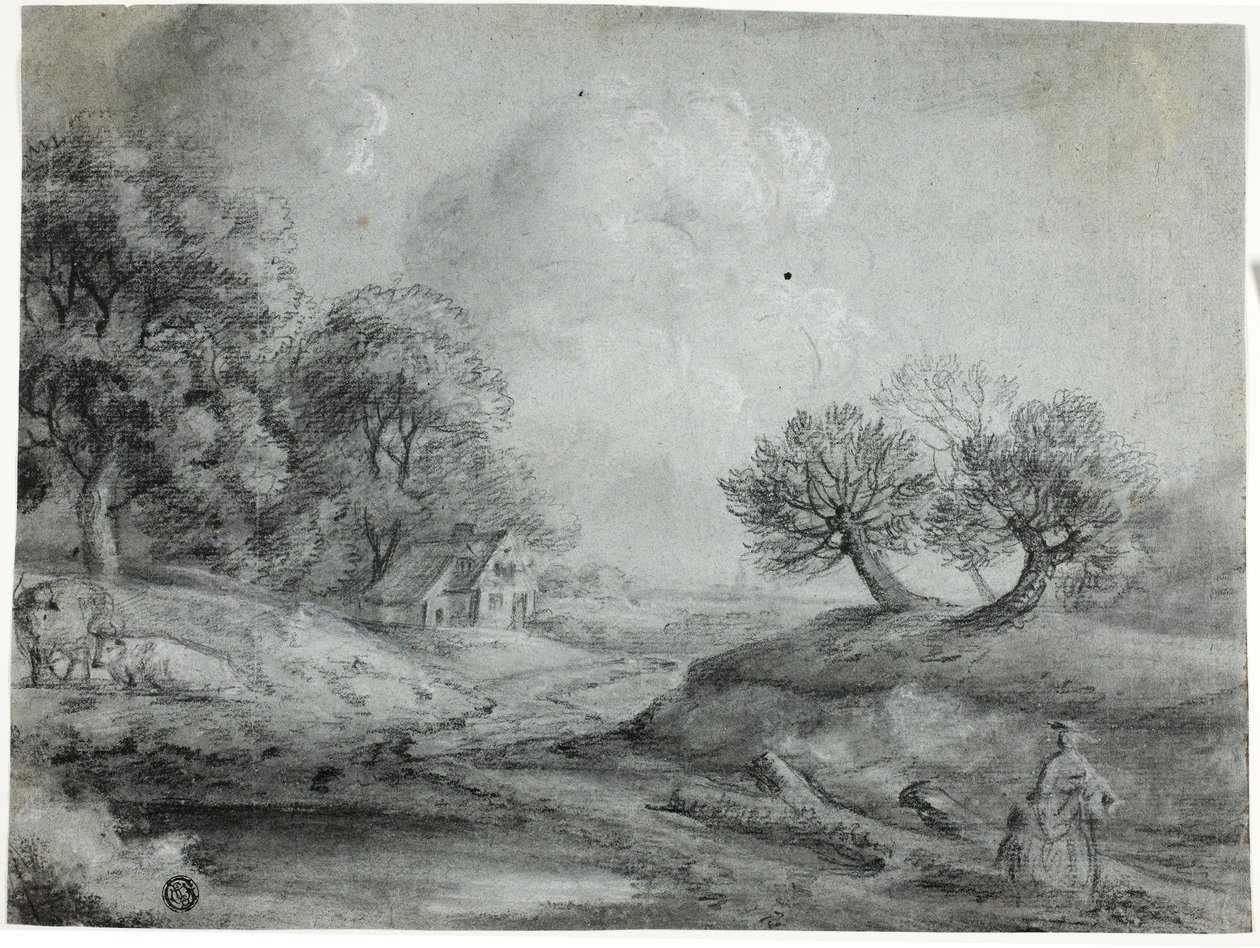 Landskap med kvinne og kyr (svart kritt med stumping, forsterket med hvitt kritt, på blått papir) av Richard Wilson