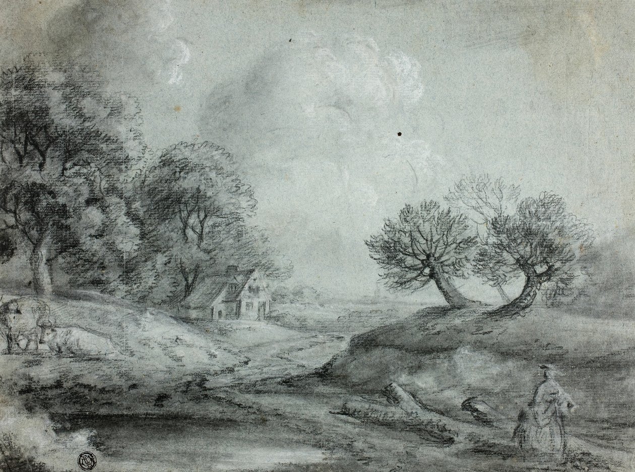 Landskap med kvinne og kyr (recto); Skisse av et landskap (verso) av Richard Wilson