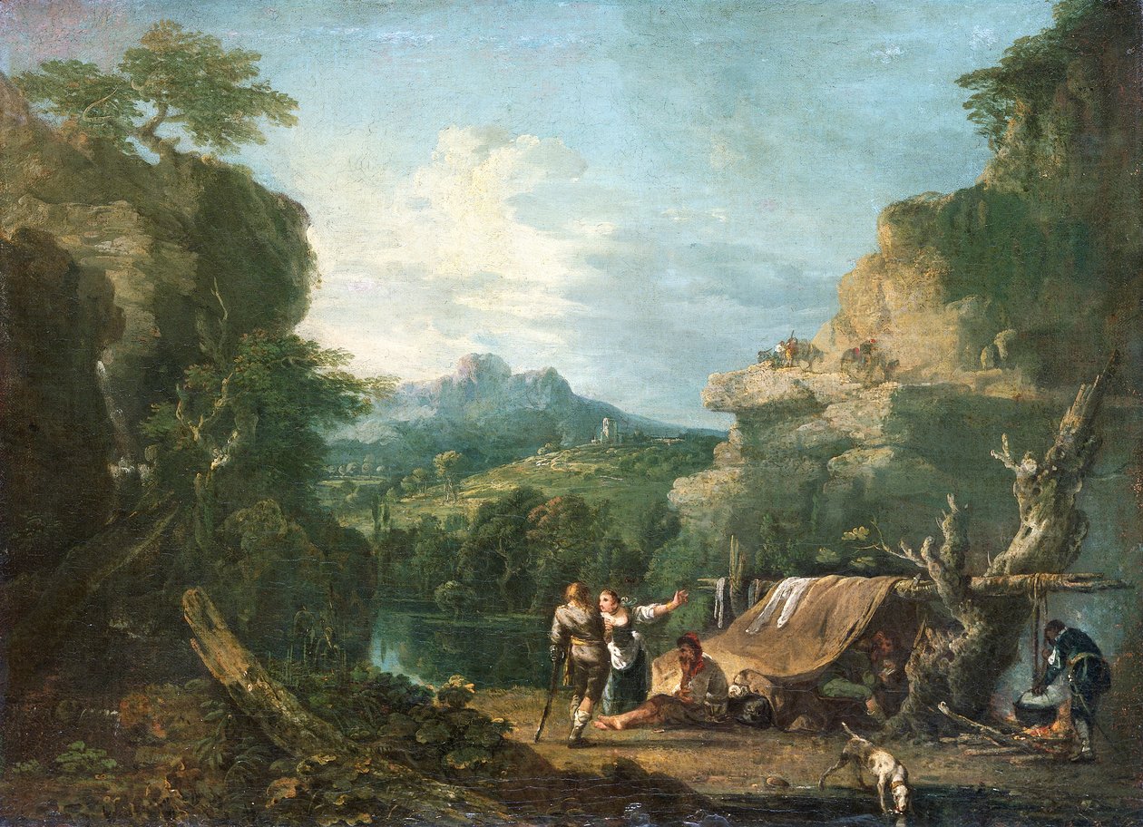 Landskap med banditter rundt et telt, 1752. av Richard Wilson