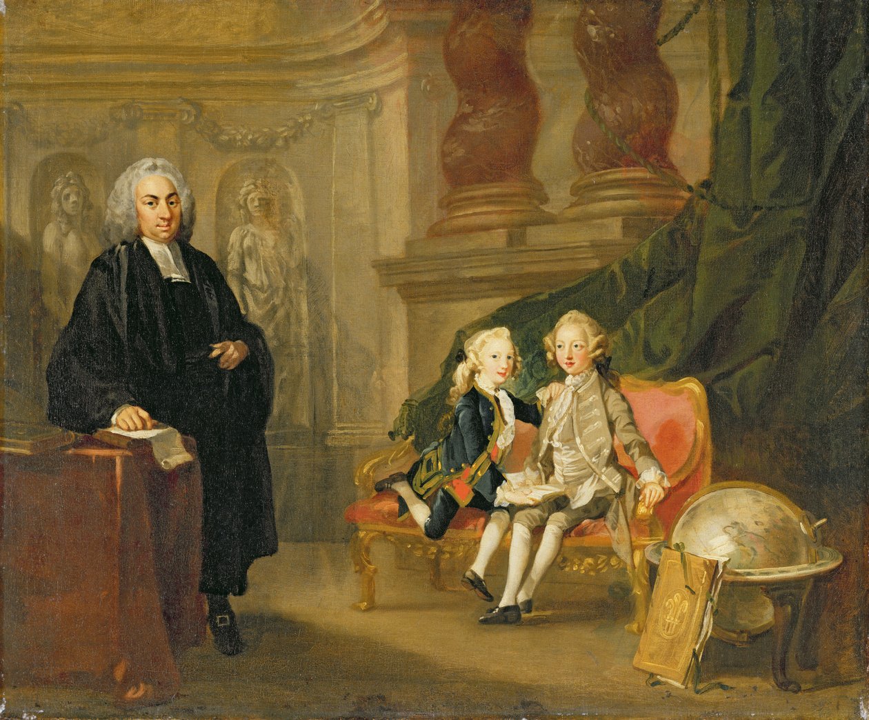 Prins George (1738–1820) og Prince Edward Augustus (1739–67) Sons of Frederick (1707–51) Prince of Wales, med deres lærer Dr Francis Ayscough, ca. 1748–49 (olje på lerret) av Richard Wilson