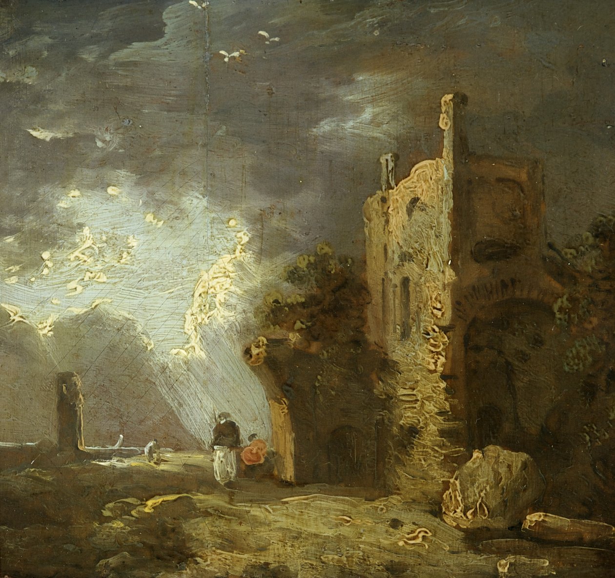 Ødelagt tårn med figur, ca. 1770-79 (olje på lerret) av Richard Wilson