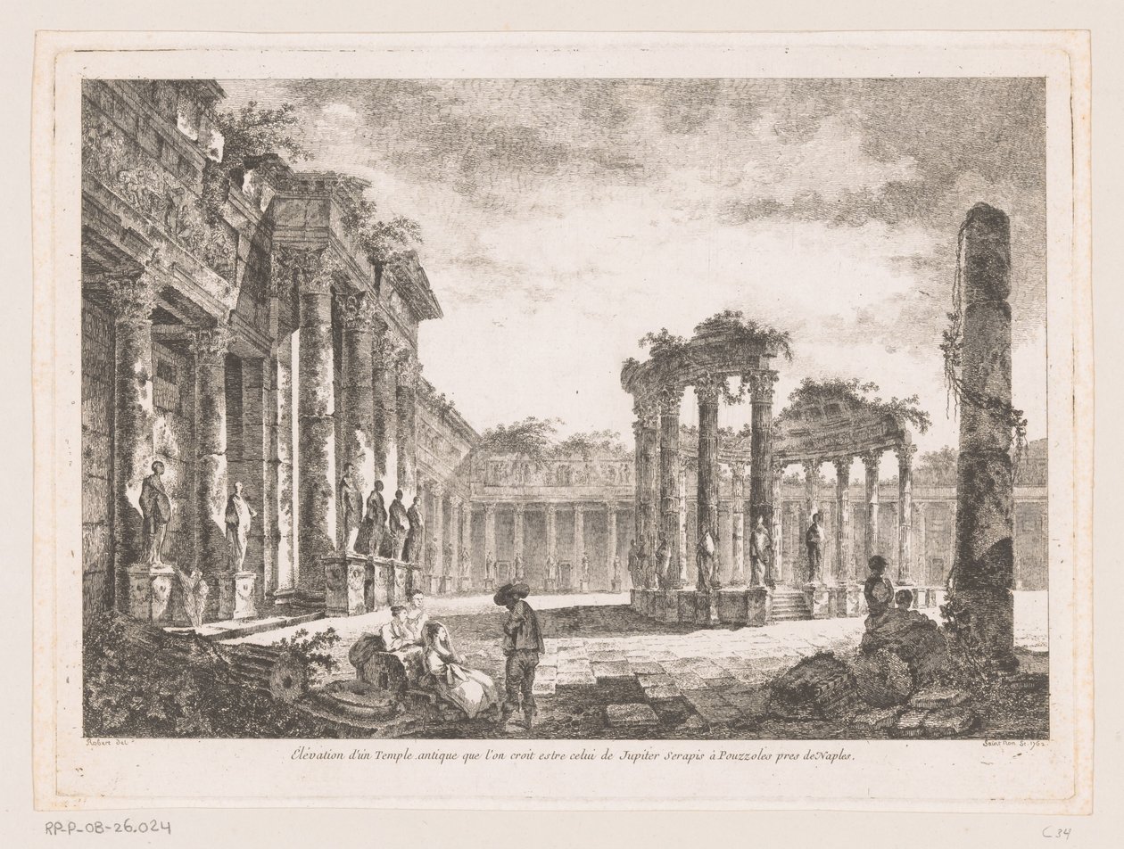 Visning av Tempel av Jupiter Serapis Høyde av et gammelt tempel som antas å være det til Jupiter Serapis ved Pozzuoli nær Napoli (tittel på objekt) av Richard de Saint Non