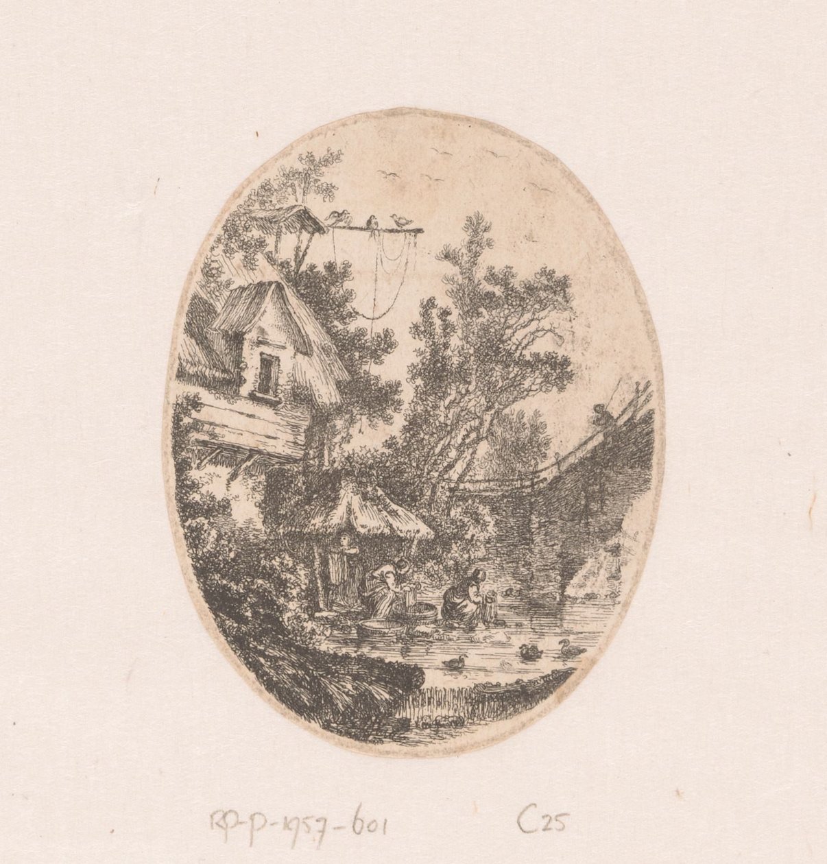Utsikt over en elv der kvinner vasker Samling av utsikt, landskap, antikke fragmenter og historiske emner (serietittel) Recueil de griffonis, de vues, paysages, fragmenter antikviteter et sujets historiques (serietittel) av Richard de Saint Non
