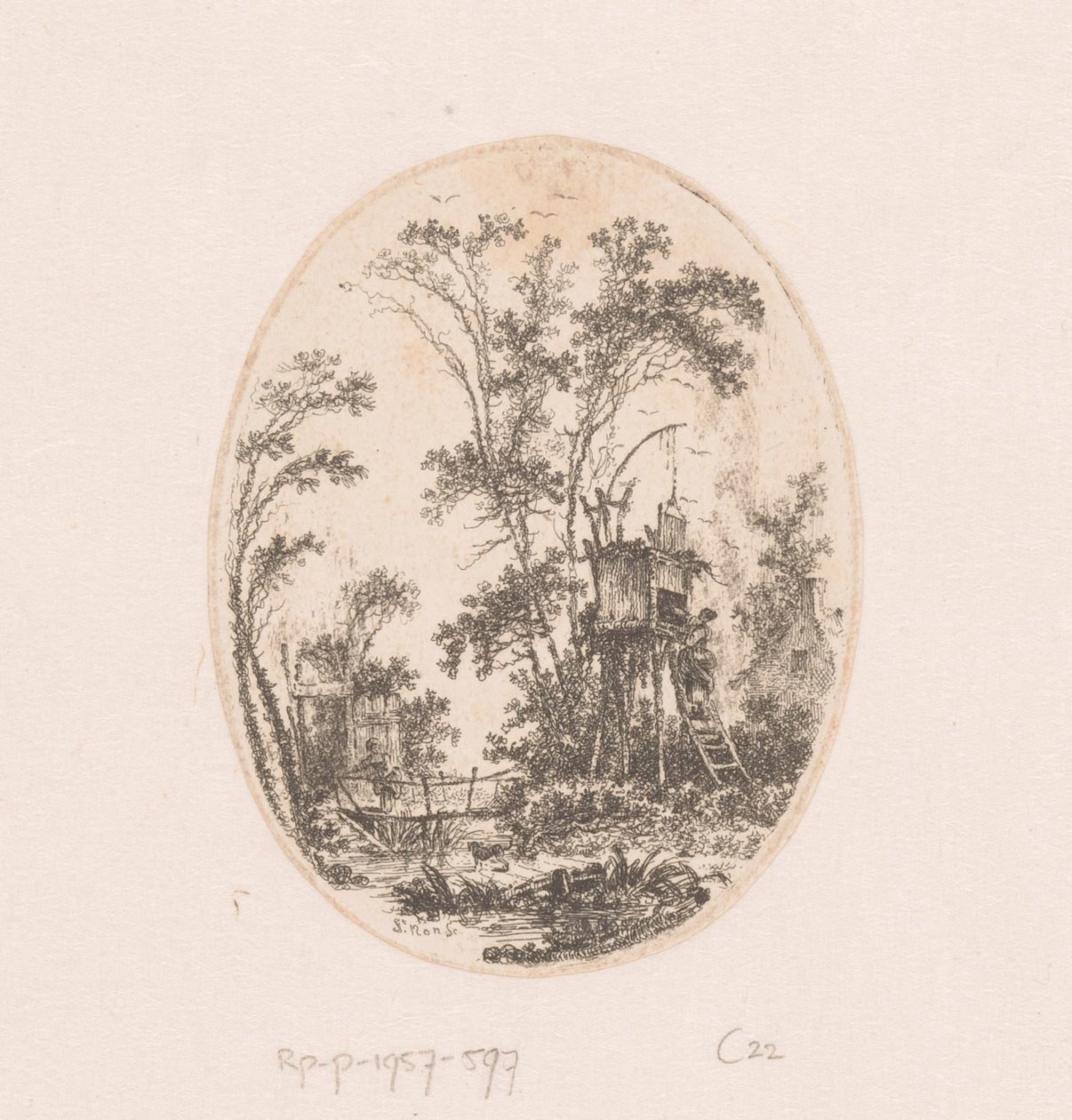Landskap med en trekonstruksjon på påler, til venstre en kvinne på en bro Samling av utsikt, landskap, antikke fragmenter og historiske emner (serietittel) Recueil de griffonis, de vues, paysages, fragmenter antikviteter og sujets historiques ( av Richard de Saint Non
