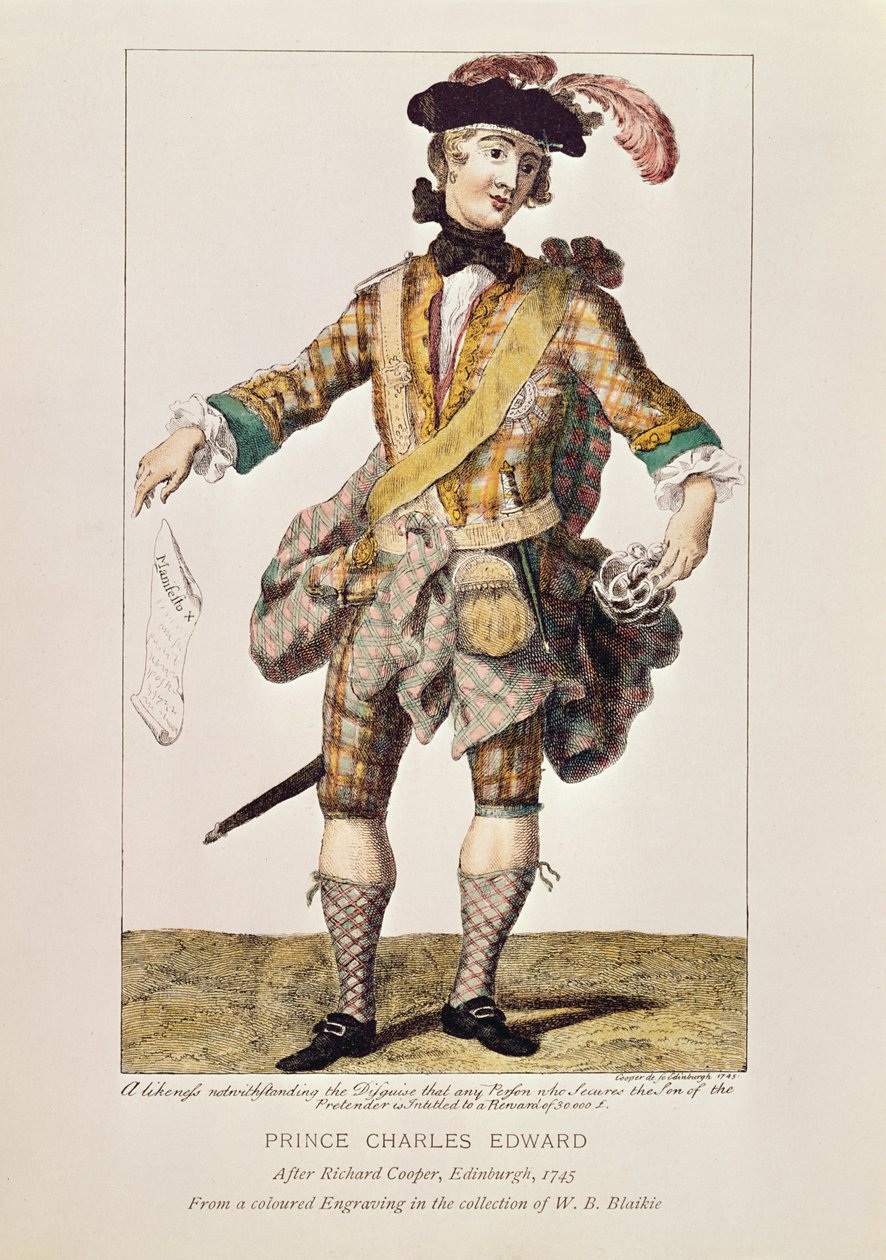 Satirisk trykk i form av en "Ønsket plakat" for prins Charles Edward Stuart, 1745 (farget gravering) av Richard, the Elder Cooper
