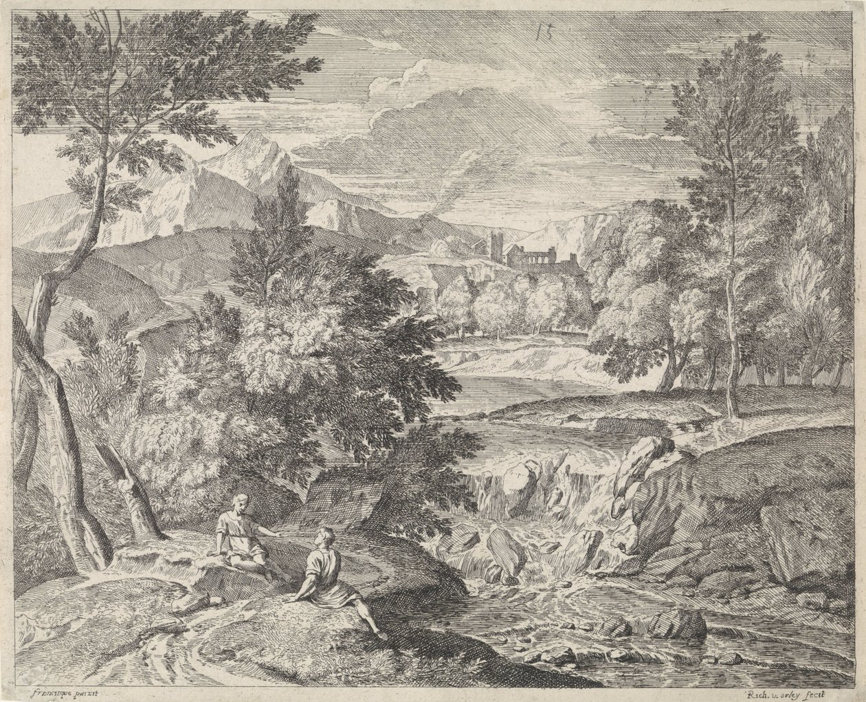 Arkadisk landskap med to figurer ved en foss av Richard van Orley (II)