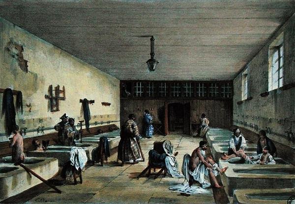 Offisersbadene ved Military Hospital of Bourbonne les Bains, midten av 1800-tallet (farget gravering) av Richoux (after)