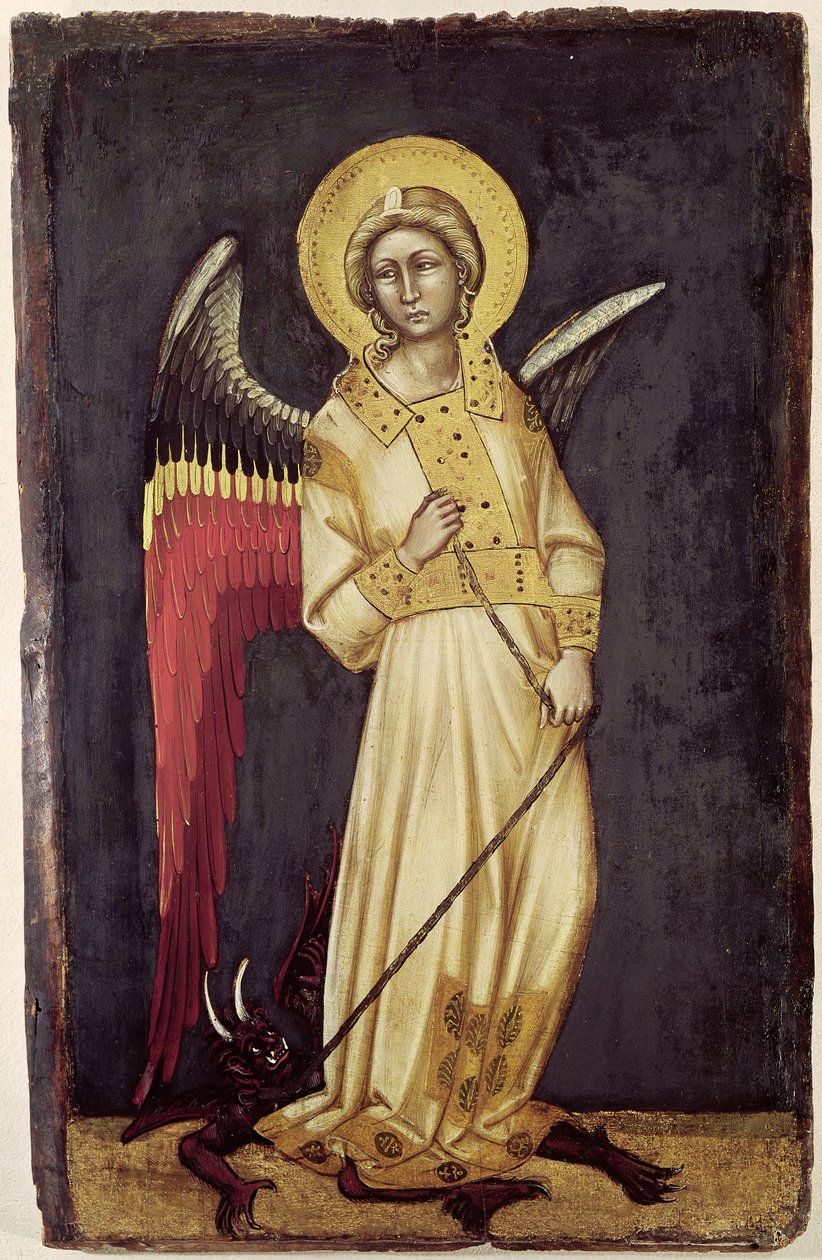 En engel med en demon på en kjede (tempera på panel) av Ridolfo di Arpo Guariento