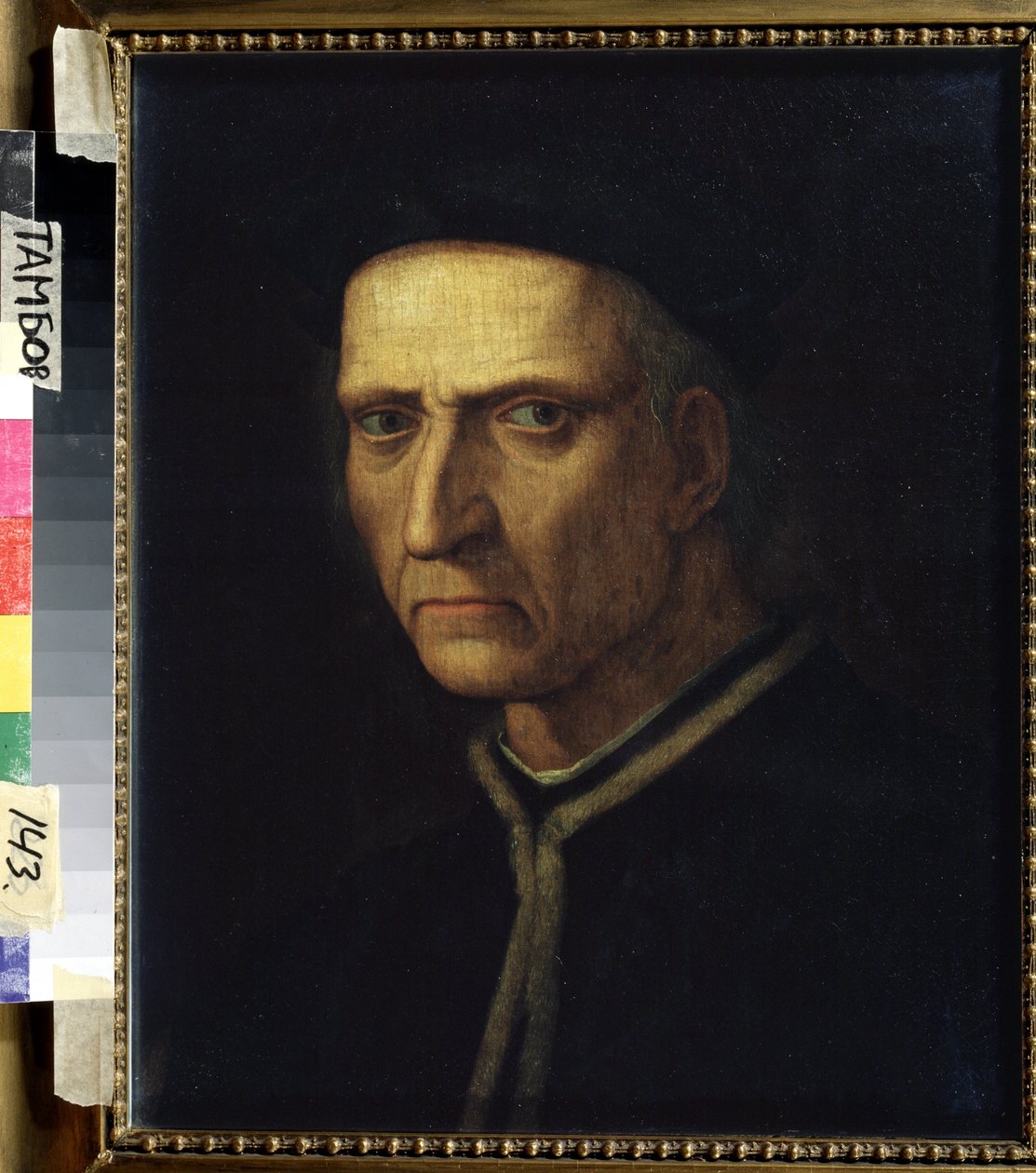""Portrett av en mann"". En mann kledd i svart har et slemt utseende eller et strengt (seriøst) uttrykk. Maleri av Ridolfo Ghirlandaio (1483-1561) 1500-tallets regionale kunstgalleri, Tambov, Russland av Ridolfo Il  Ghirlandaio