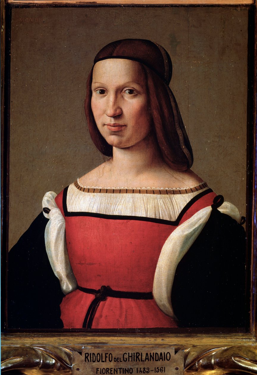 Portrett av en dame fra de lavere klassene i en rød kjole med oppblåste ermer (maleri av Ridolfo Il  Ghirlandaio