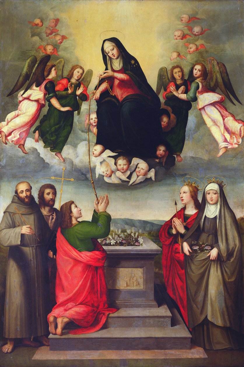 Jomfruen til den hellige girdle med SS. Thomas, Francis, døperen Johannes, Ursula og Elizabeth av Ungarn av Ridolfo , Il Ghirlandaio