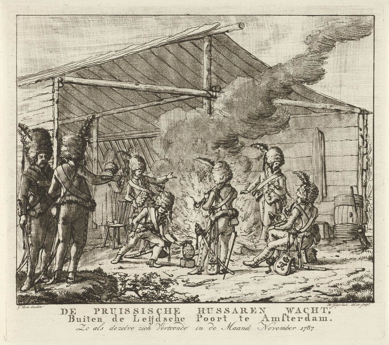 Den prøyssiske husargarden ved Leidse Poort i Amsterdam, 1787 Den prøyssiske husargarden, utenfor Leijdsche Poort i Amsterdam (...) (tittel på objekt) av Rienk Jelgerhuis