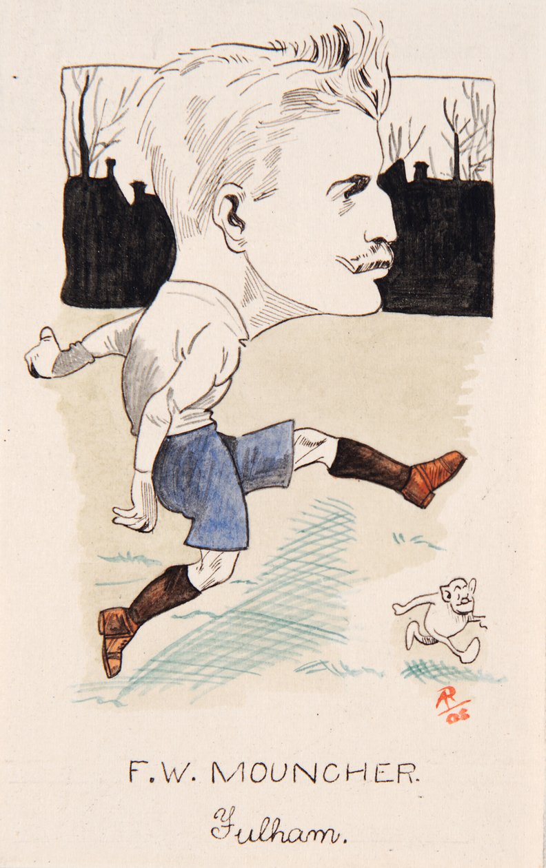 Fred Mouncher, Fulham, tegning for et sett med sigarettkort, 1907 (penn og blekk på kort) av Rip